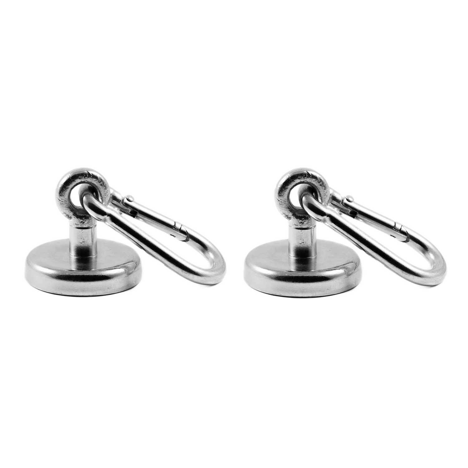 Magnetastico® | 2X Neodymium Eyebolt-Carabiner Magnets N35 42 mm Ø | Holding Force 68 kg | Strong & Powerful Neodymium Pot Magnets snap Hook with Eye, Loop & galvanised | Magnetic karabiner eyebolts