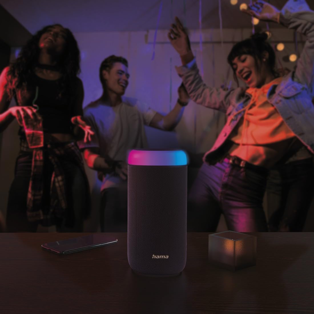 Hama Enceinte Bluetooth Portable Shine 2.0" Lumineux 5 Couleurs sans Fil, Lumière LED, Haut Parleur Etanche IPX4, Rechargeable Autonomie 12h, Résistance poussière et Chocs, Puissance 30 W, Noir