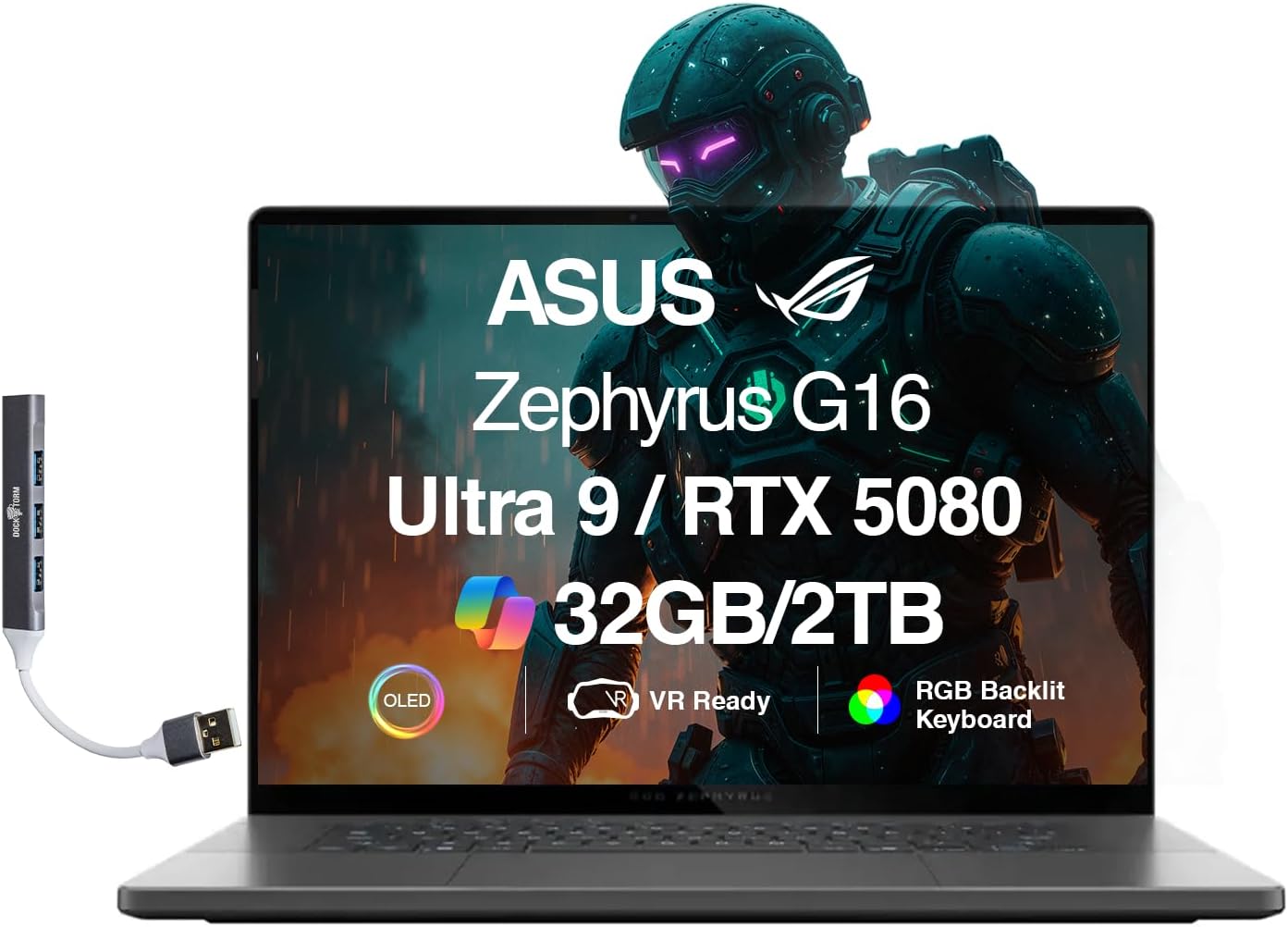 ROG Zephyrus G16 AI Gaming Laptop 16.0" ROG Nebula OLED FHD+ Display | (Intel Ultra 9-285H, GeForce RTX 5080 16GB, 32GB LPDDR5X, 2TB SSD, RGB KB, Wi-Fi 7, BT 5.4, Win11H) w/DKZ USB Port Expander