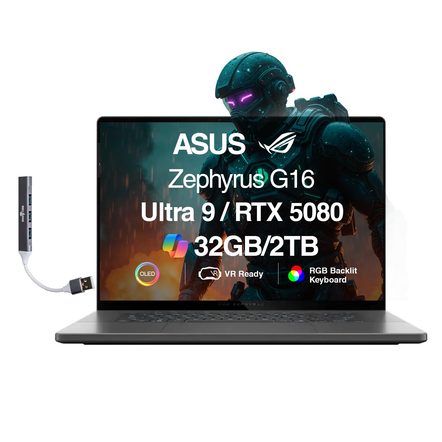 ROG Zephyrus G16 AI Gaming Laptop 16.0" ROG Nebula OLED FHD+ Display (Intel Ultra 9-285H, GeForce RTX 5080 16GB, 32GB LPDDR5X, 2TB SSD, RGB KB, Wi-Fi 7, BT 5.4, Win11Pro) w/DKZ USB Port Expander