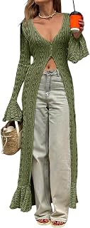 Saodimallsu Womens Crochet Long Cardigans Boho Summer Maxi Lace Duster Coat | Long Ruffle Sleeve,Cute,V Neck,Floor Length,2026 Fashion Beach Cover Ups,Button Down,Bell,Boho,Sheer Blouse Shirts