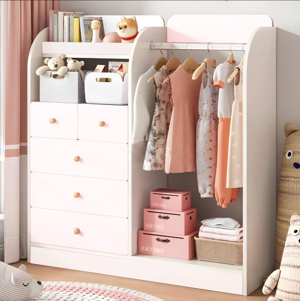 IEW Freestanding Half-Open Wardrobe, 5 Drawers Closet for Bedroom, Nursery Room Clothes Rack With Drawers, Babies Kids Closet, Wooden Storage Cupboard Bedroom Furniture