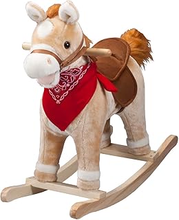 Animated Rocking Horse with Sounds, Plush Ride-On Pony with Wooden Base