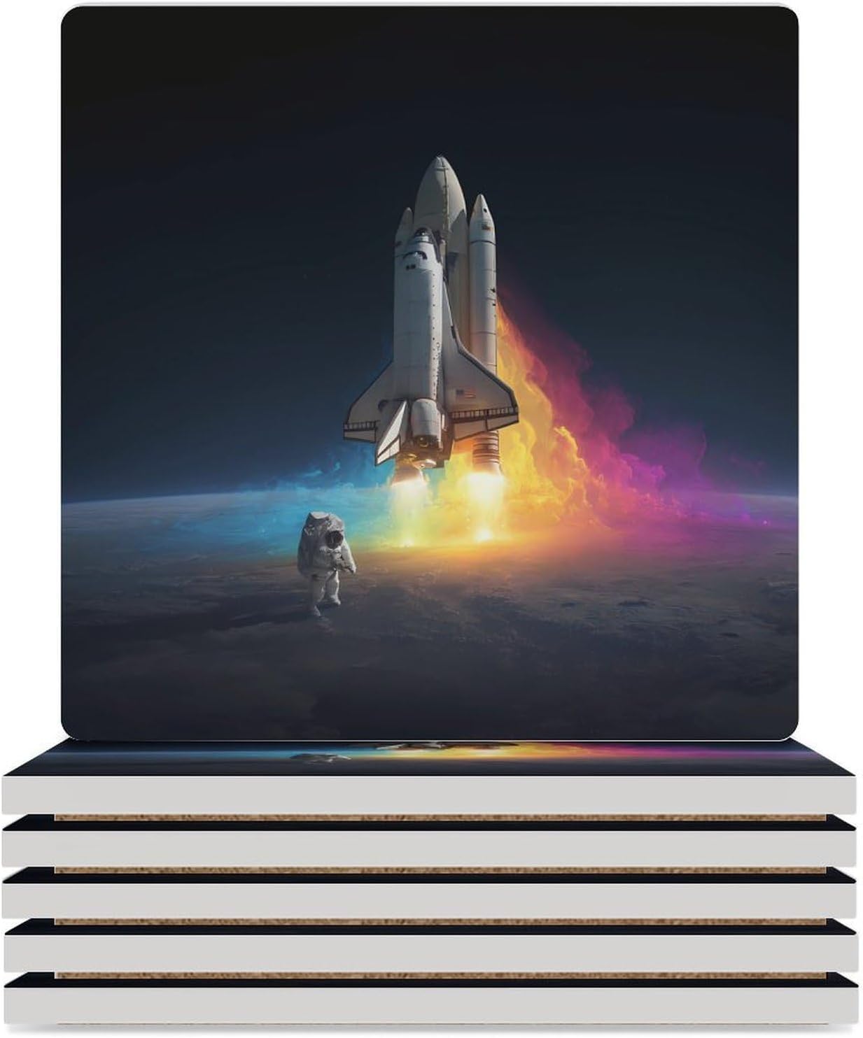 Astronaut Rocketship Coaster for Drinks Square Ceramic Table Coasters Stone Mat Crafts 6PCS Home Kitchen Decor