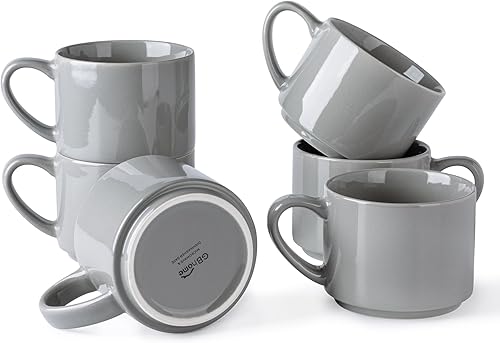 GBHOME Juego de 6 tazas de cerámica apilables de 14 onzas, tazas de café modernas para bebidas calientes, color gris, 14 onzas líquidas, 6 unidades
