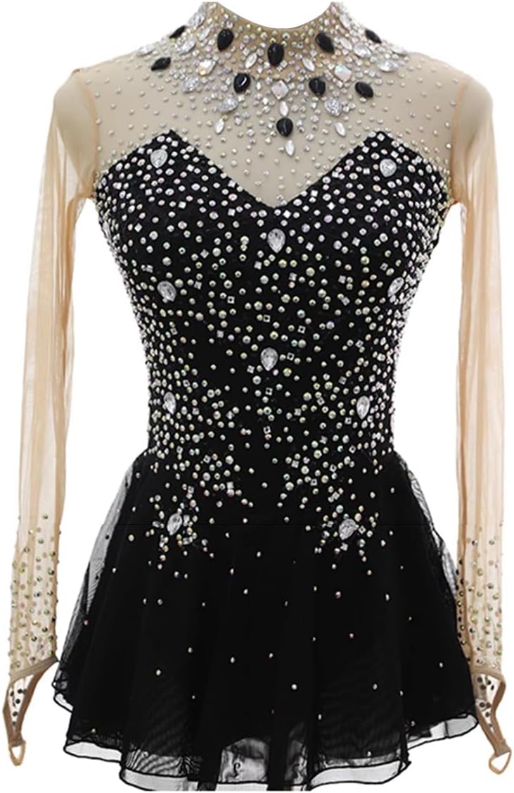 Women's Winter Full Diamond Figure Skating Suit Black Long Sleeves Gymnastic Leotard Ballet Dance wear Outfit