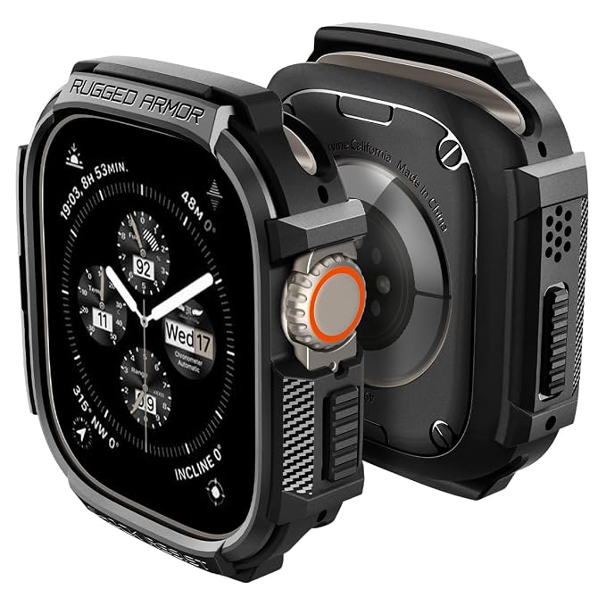 Spigen Protective Case for Apple Watch Ultra 3/2/1 49mm, Shock Absorb, Carbon Texture(Rugged Armor) - Matte Black