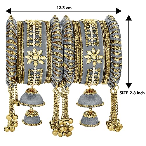 Image of Peora Ethnic Grey Kundan Studded Chuda Set Latkan Bangles for Women Wedding Engagement Traditional Function Jewellery Gift for Girls