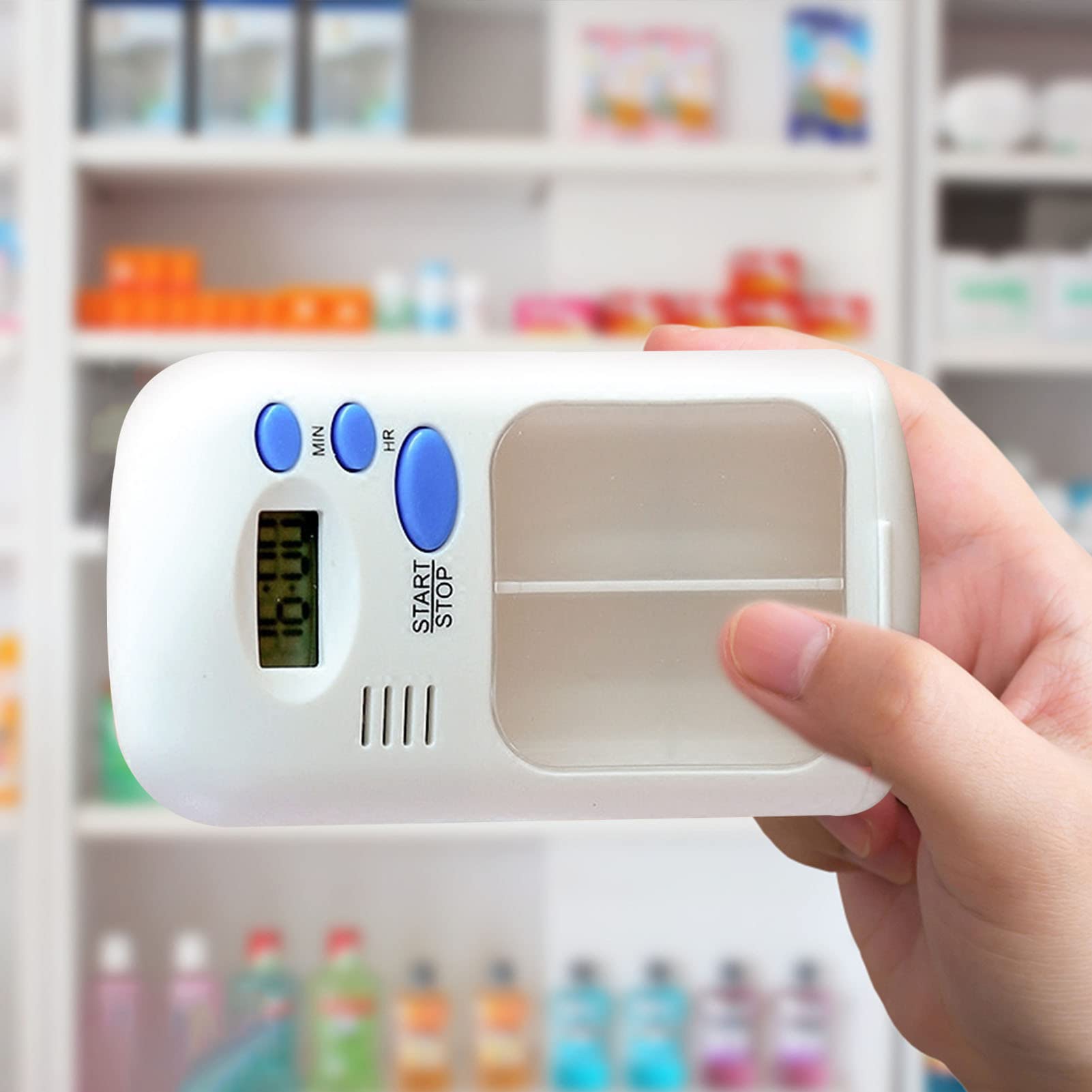 Organizer per pillole con promemoria allarme, dispenser di farmaci promemoria pillole, scatola per pillole a doppia camera con allarme porta carte trasparente 0,7 LCD per anziani