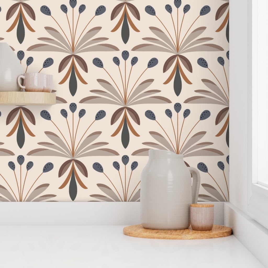 Peel & Stick Wallpaper 3ft x 2ft - 20S Geo Floral Geometric Flowers Taupe Tan Neutral Earth Tones Bouquet Novelty Vintage Custom Removable Wallpaper by Spoonflower