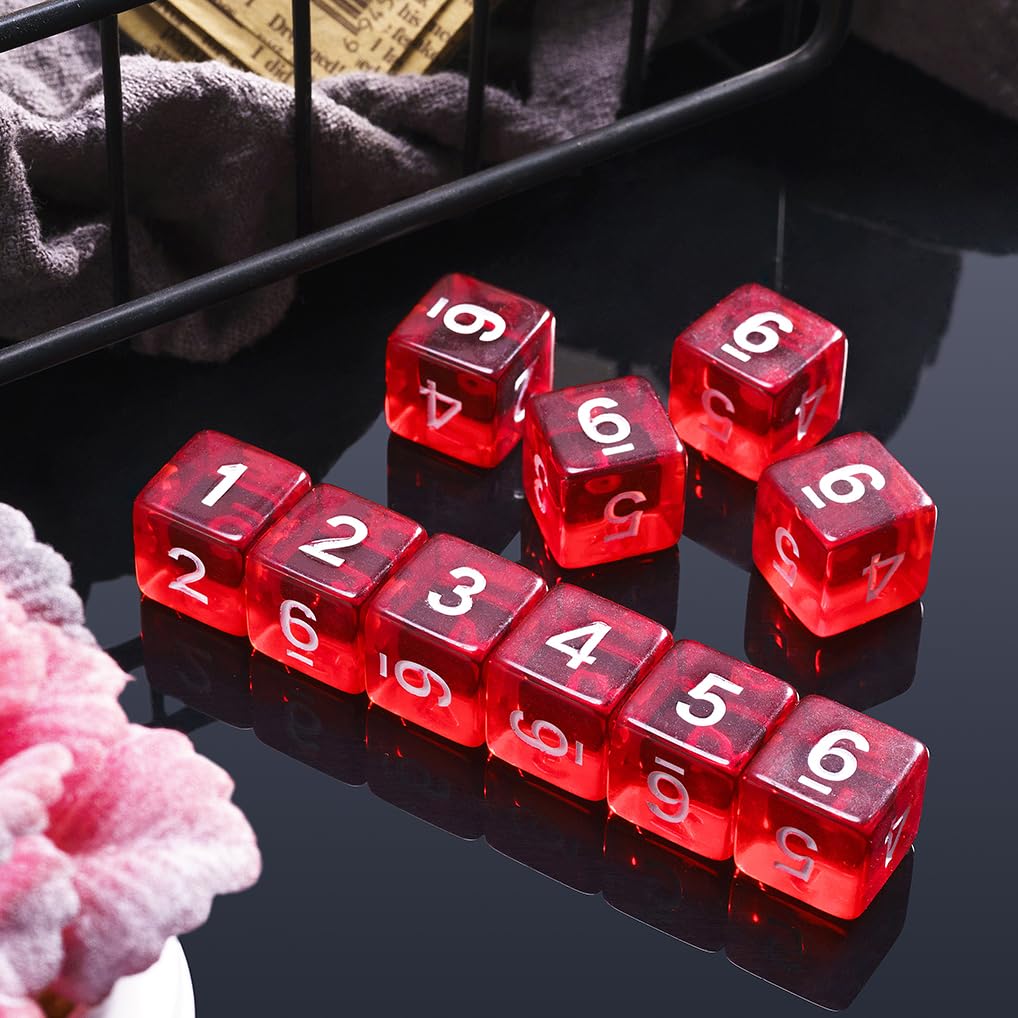 Juego de 10 dados poliédricos D6 de 16 mm de acrílico de 6 caras para juegos de mesa de Dungeons and Dragons RPG MTG DND (rojo transparente)