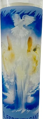 Veladora de rezo El Espíritu Santo con hermosa oración en español de los 7 dones vaso grande de 14 onzas de alto blanco sin esencia