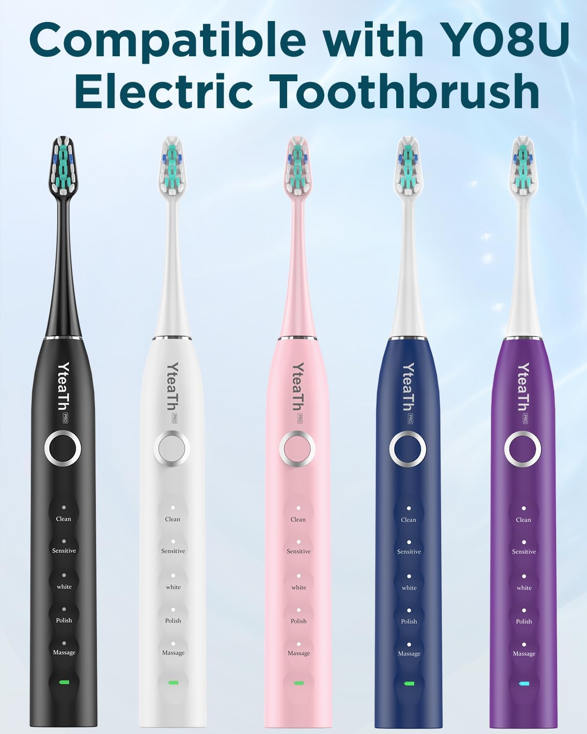 Image showing various YTEATH PRO Y08U electric toothbrushes in different colors, compatible with the brush heads.