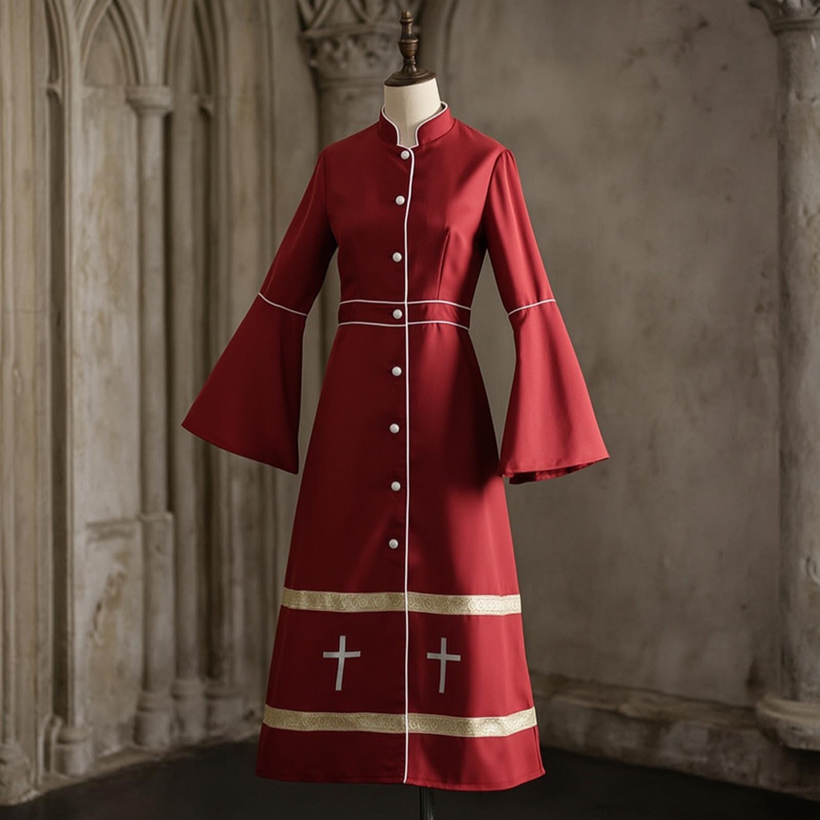 Tunica con Maniche Svasate Gotico Tunica Medievale Scenico per Cosplayer, Halloween, Rievocazioni Storiche, Rosso, XXXL