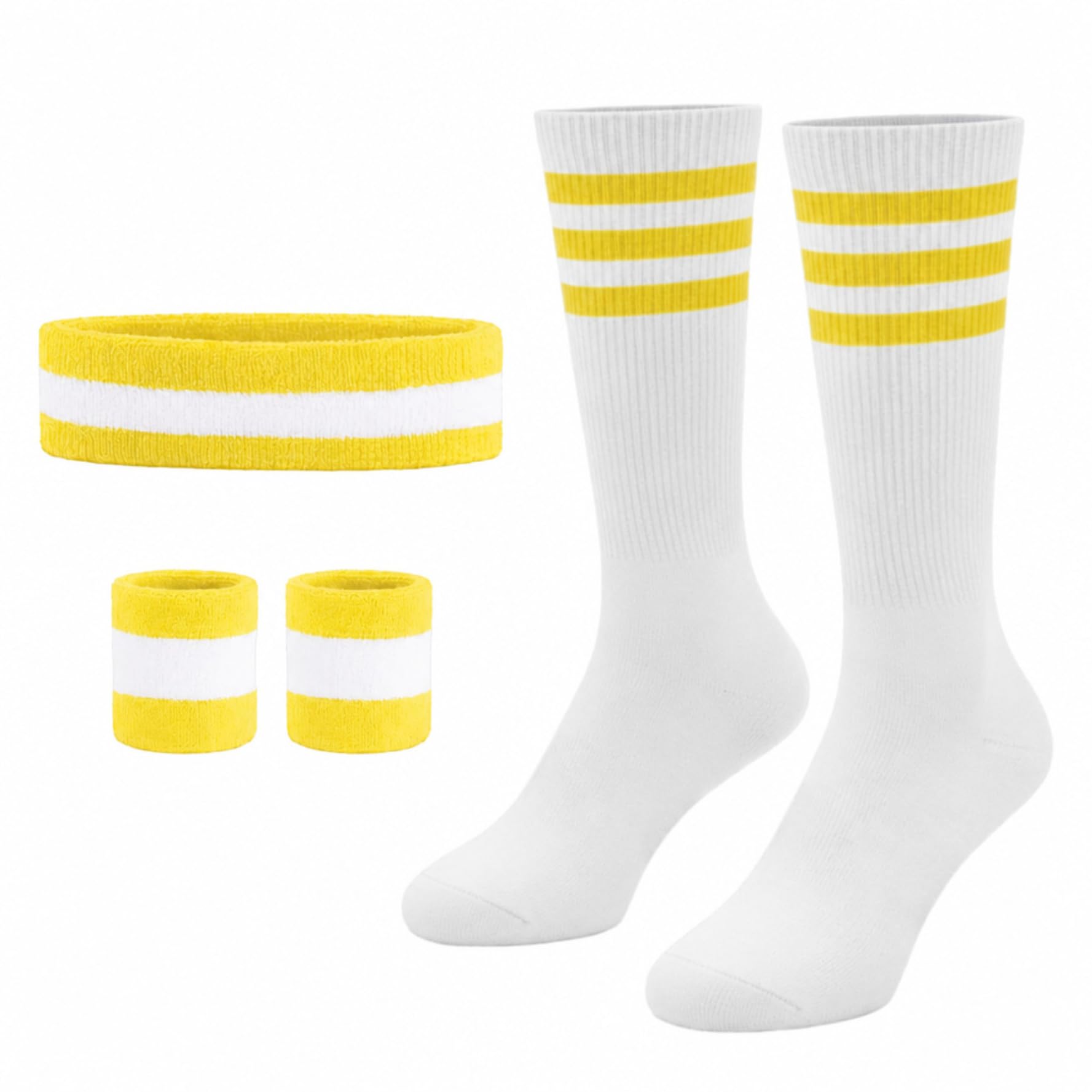 Lufdegim Sweatband and Socks Set, 80s 90s Sweatband Striped Headband, Bracelet, Striped High Socks for Women Men Sports Running Cycling Carnival Costumes Party, Yellow/white/yellow, Socken 28cm โ image 1