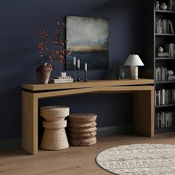65-Inch Rustic Solid Wood Veneer Long Console Table, Farmhouse Entryway Sofa Side Table with Split-Level Silhouette & Sled Base, Antique Brown