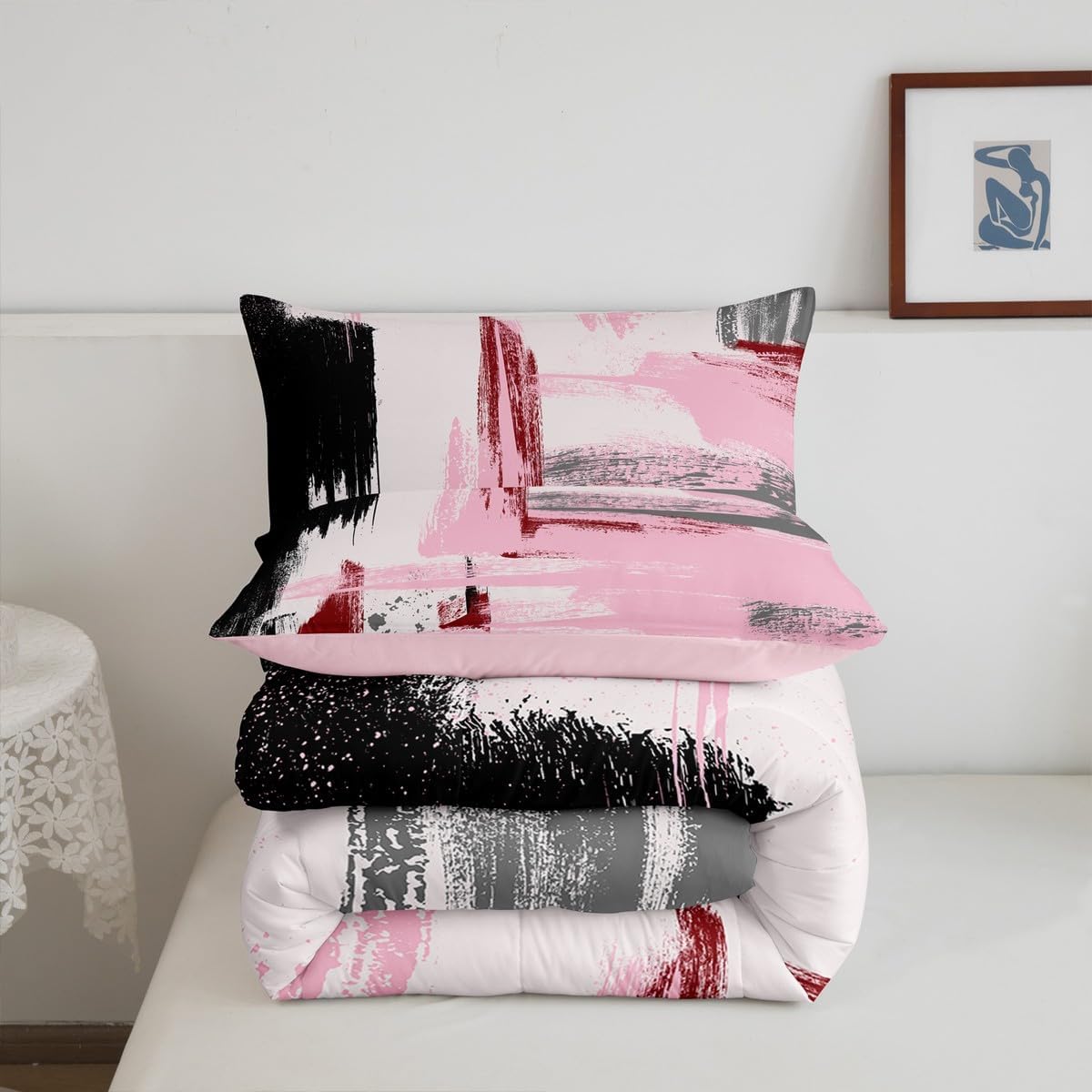 Erosebridal Abstract Comforter Set King,Modern Pink Red Black Bedding Set for Girls Boys Adult,Watercolor Ombre Bed Set,Oil Painting Style Duvet Set,Contemporary Art Reversible Quilt Comforter 3Pcs