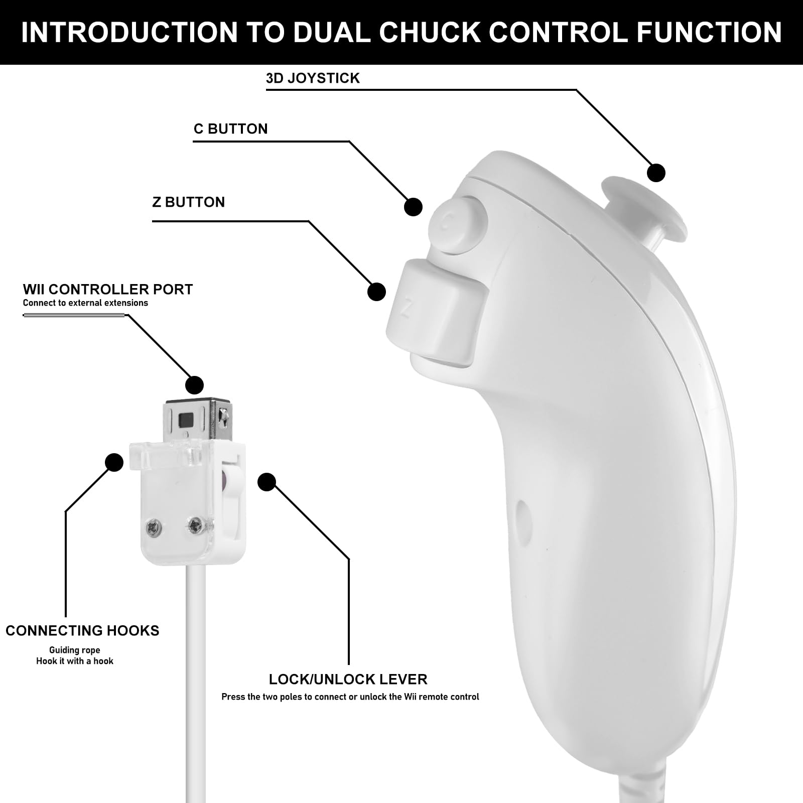 Leikurvo Lot de 2 manettes Wii Remote, incluant une télécommande Wii et un Nunchuk pour consoles Wii/Wii U (Blanc)