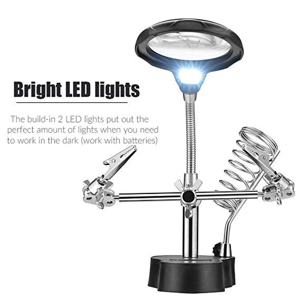 Lupa Hobby con luz Helping Hands Station con luz LED - Lupa 4X Gratis Soporte con Abrazadera y Pinzas de cocodrilo - para Soldadura, ensamblaje, reparación, modelismo, Hobby G