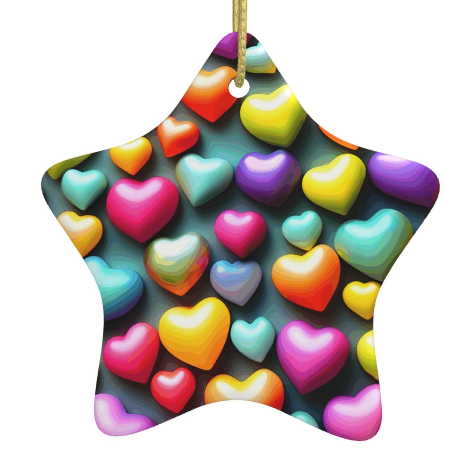 Colorful Rainbow Hearts Print Christmas Ornaments, Ceramic Hanging Ornament, Round Shape Decorations