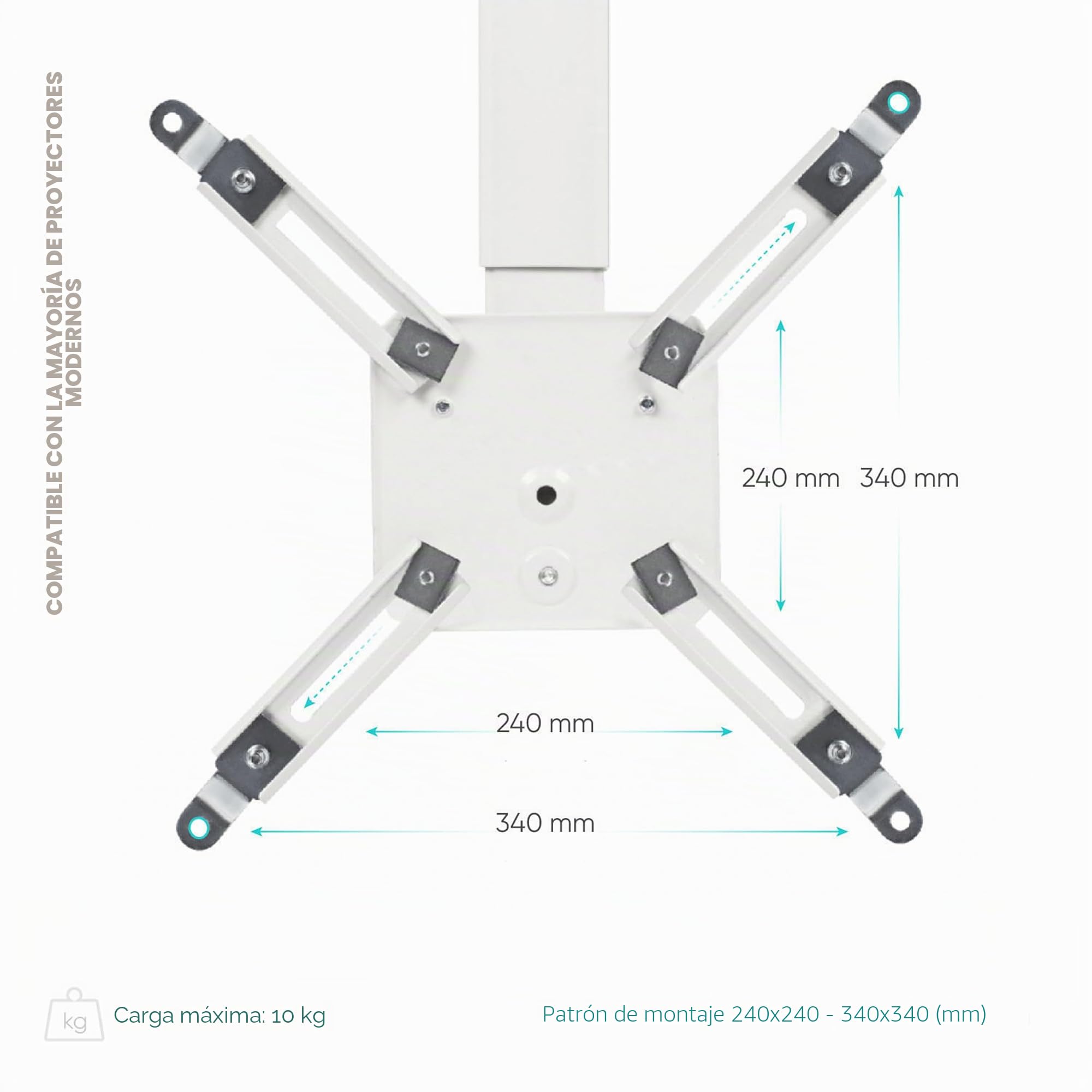 ONKRON Soporte para Proyector de Techo/Pared, 10 kg, K5A-W | Brazo proyector blanco, altura ajustable, giratorio 30°, inclinable, extensible, pasacables; para cine en casa y oficina
