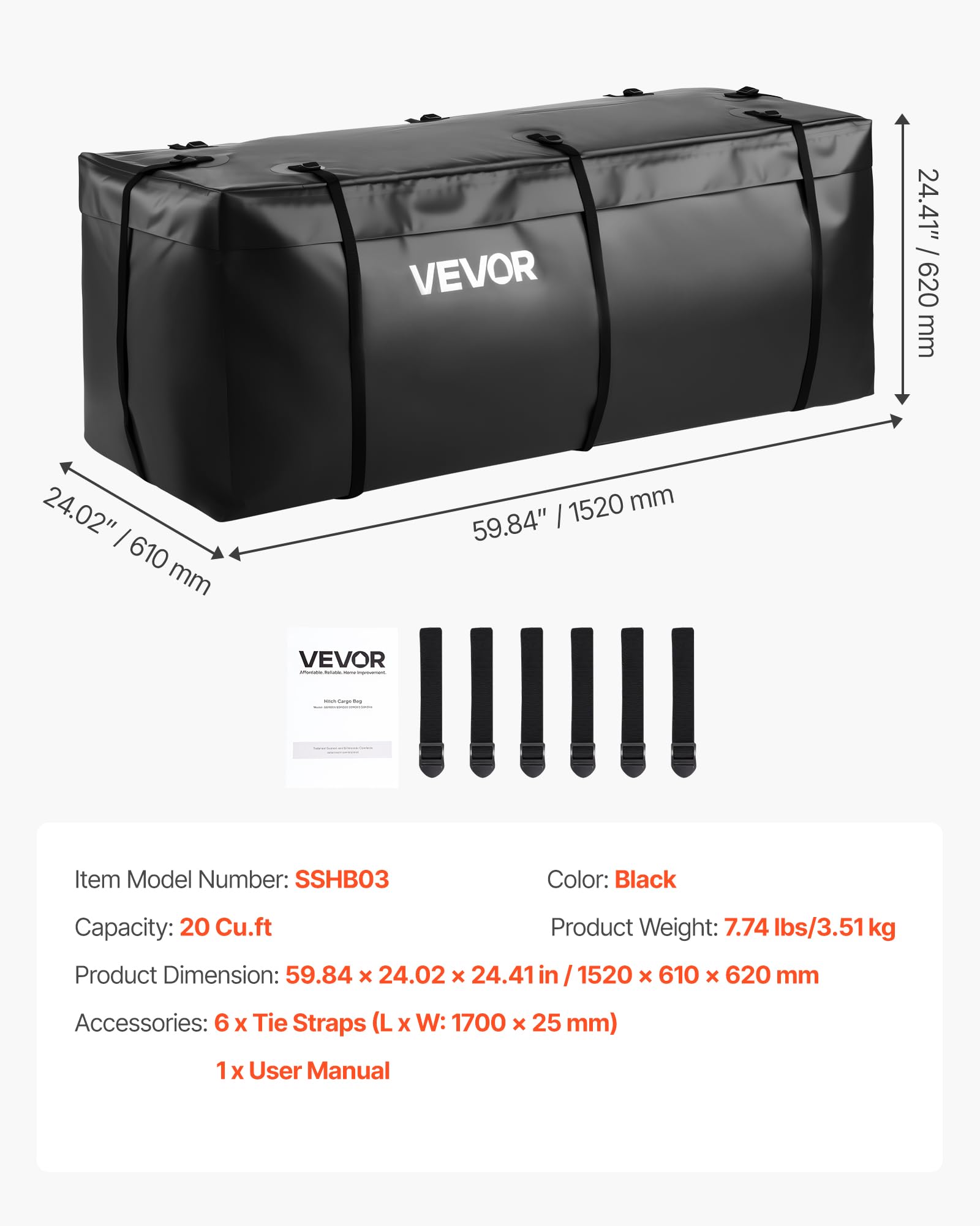 VEVOR Gepäckträgertasche für Anhängerkupplung aus wasserdichtes 840D-PVC (0,566 m³), Gepäcktasche zur Aufbewahrung auf der Ladefläche von Lkws mit verstärkten Gurten für PKW SUVs Vans Schwarz