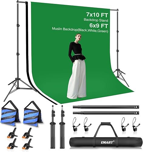 EMART Kit de soporte de fondo para estudio de video fotográfico, sistema de soporte de fotografía ajustable de 7 x 10 pies con fondo de poliéster