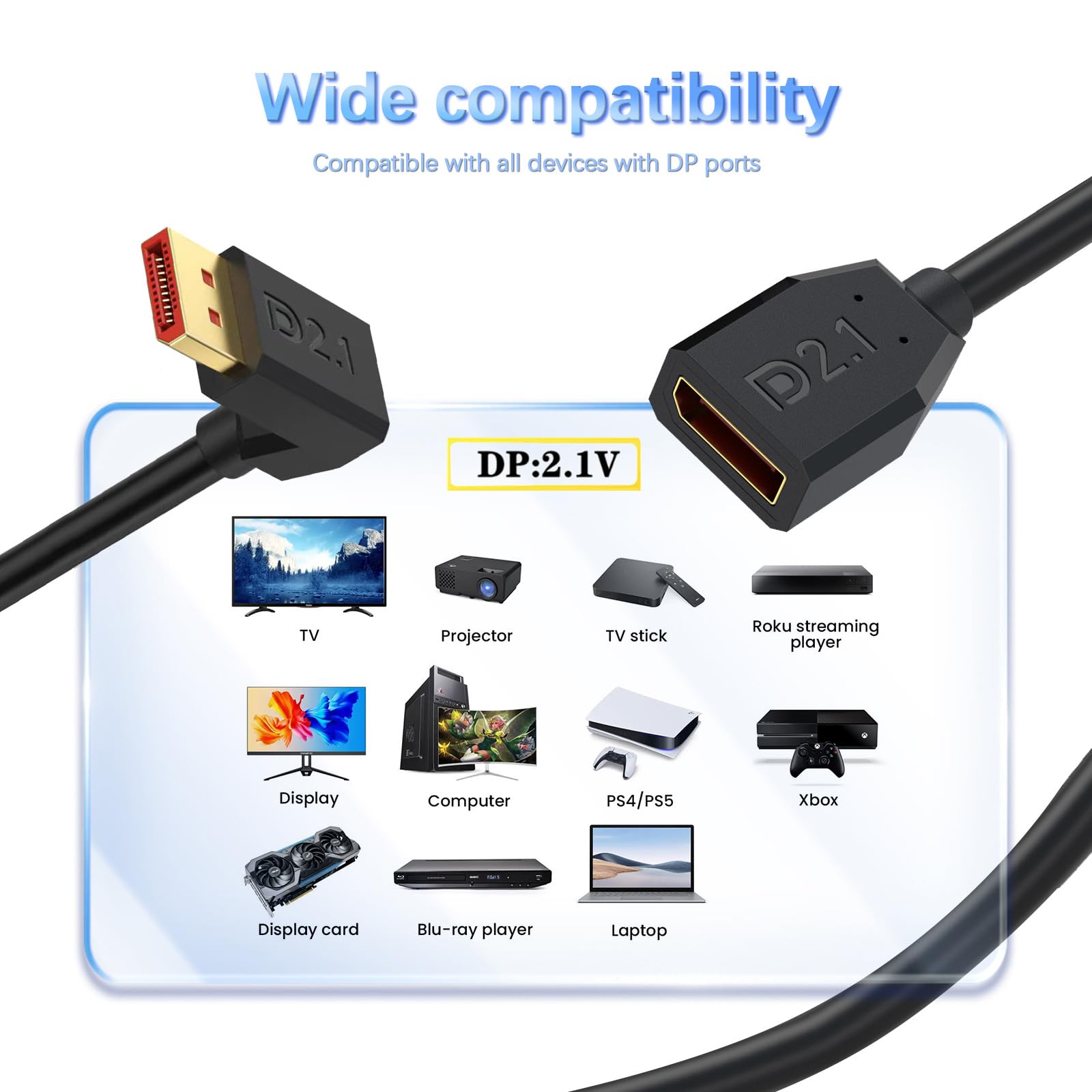 Duttek Câble DisplayPort 2.1 à 90 degrés, 15 cm, 40 Gbit/s court angle vers le bas, câble Displayport mâle vers femelle [16K @ 30 Hz, 8K @ 120 Hz, 4K @ 240 Hz] pour double moniteur, RTX 5090/4090, 240