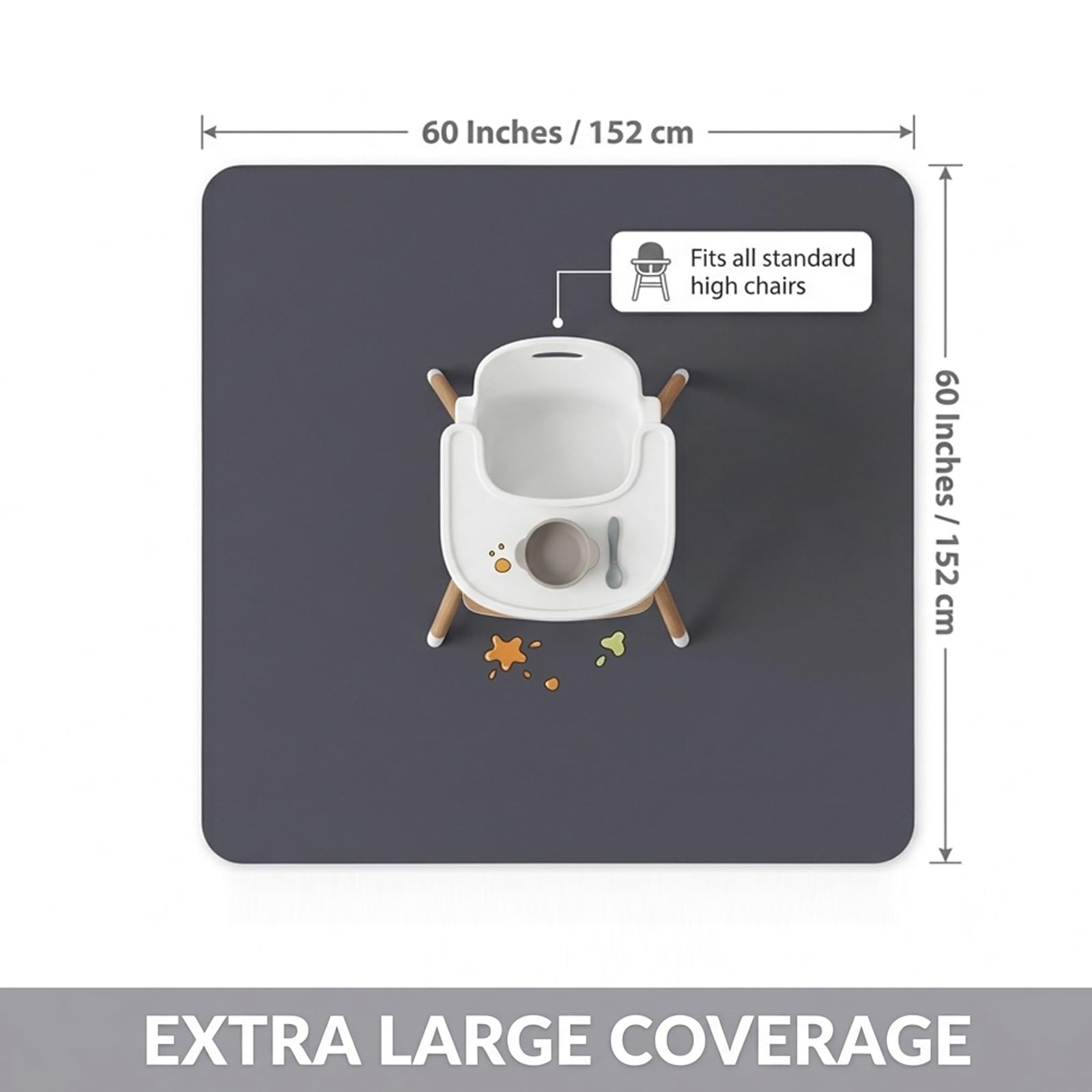 Tapis anti-éclaboussures pour bébé sous chaise haute, 152,4 x 152,4 cm, imperméable et lavable, protection de sol antidérapant