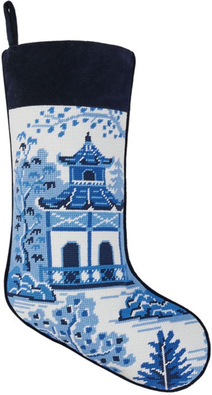 Peking Handicraft Embroidered Needlepoint Stockings Chinoiserie Pagoda, 18-inch Height, Home, Indoor