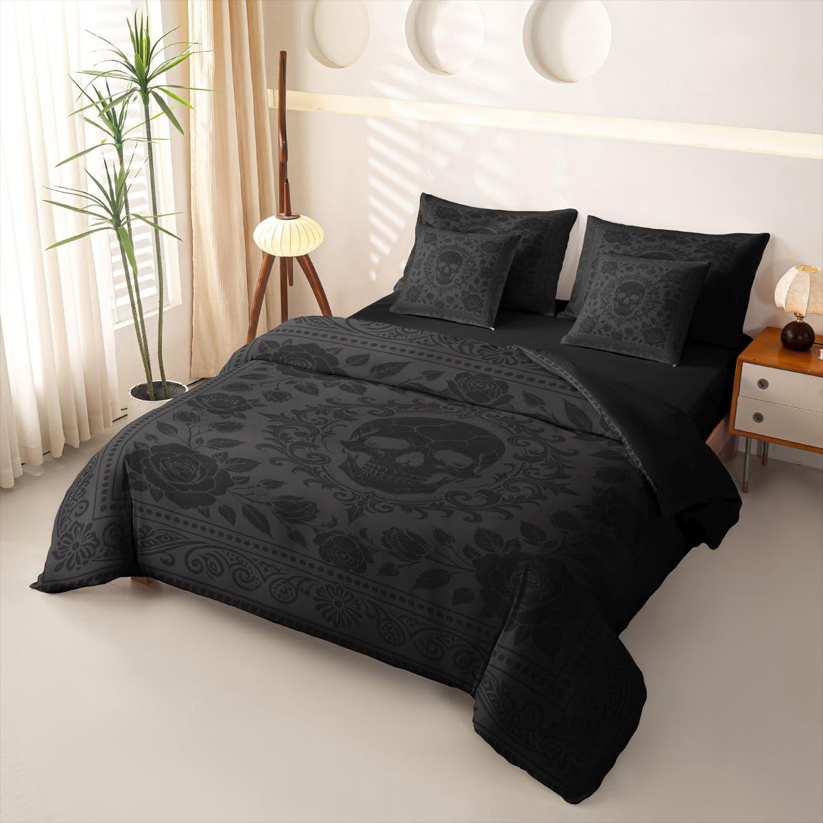 Loussiesd Juego de funda nórdica de damasco jacquard tamaño Super King, 7 piezas, estampado de calavera negra, para niños y niñas, cama floral de damasco en una bolsa, con funda de edredón, sábanas