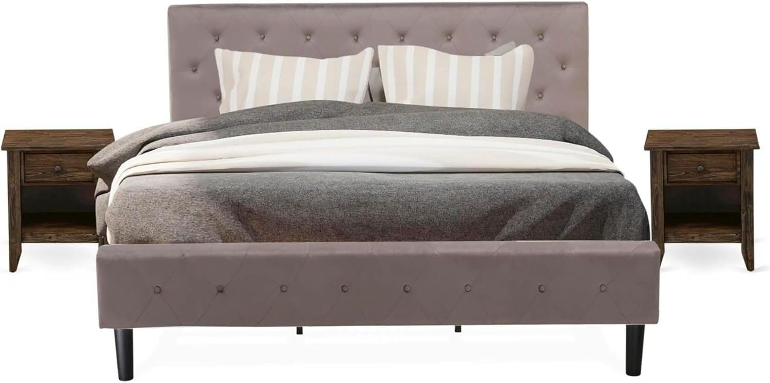 Maykoosh 3-Piece Bed Set - Velvet Tufted Bed Frame & Nightstand - Modern Bedroom Furniture