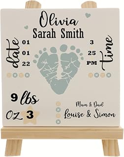 Personalised New Baby Gift With Footprints In Blue Pink OR Green Complete With Wooden Stand Birth Details Print Birth statistics Ceramic Keepsake Baptism Christening (Green)