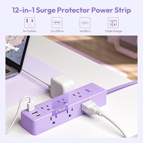 Miniatura 2 de NTONPOWER - Tira de alimentación morada, cable de extensión morado de 5 pies, 9 salidas 3 USB (1 USB C), montado, 1080J, múltiples tomas de
