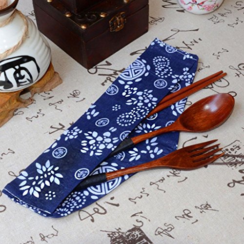Forestime Japanese Wooden Chopsticks Spoon Fork Tableware 3Pcs Set New Gift (1 Set, Brown) #TOP3