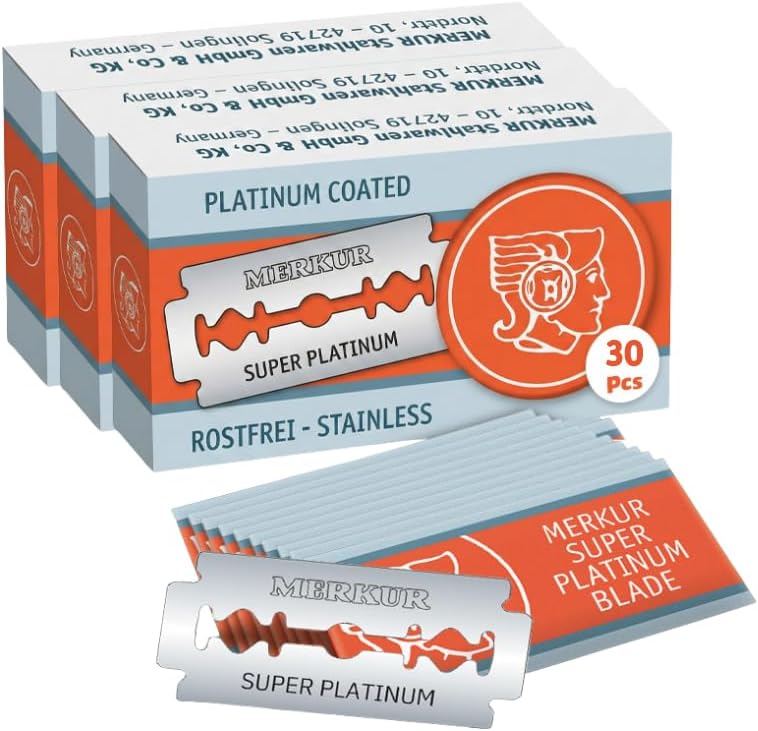 MERKUR SUPER Double Edge Safety Razor Blades, 10 Count (Pack of 3), Precision Stainless Steel Blades with Platinum and Teflon Coating