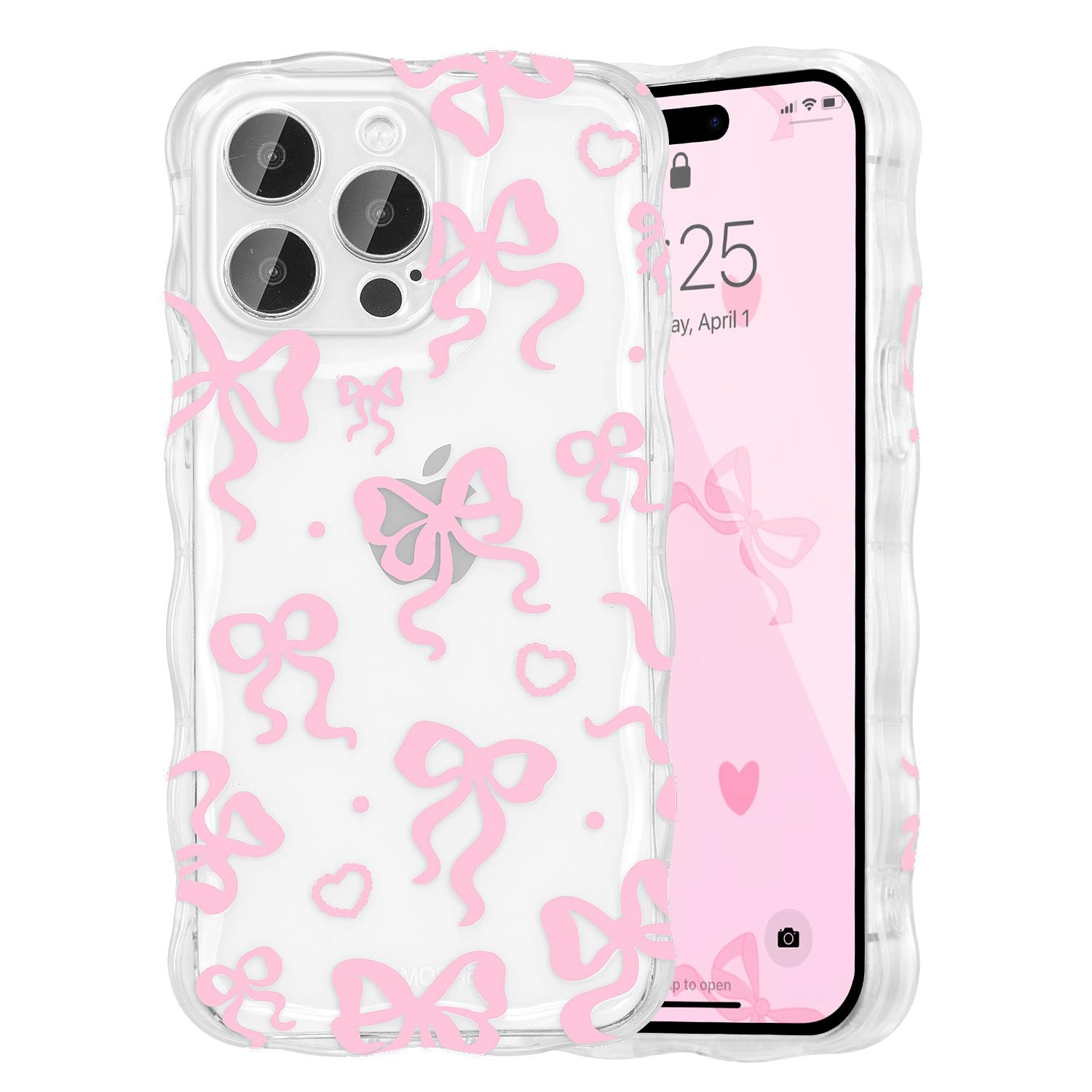 UEEBAI Cute Heart Bow Case for iPhone 15 Pro Max 6.7 inch, Wave Ribbon Bows Phone Case Pretty Aesthetic Cover Cute Clear Shell Soft Bownot Phone Cover