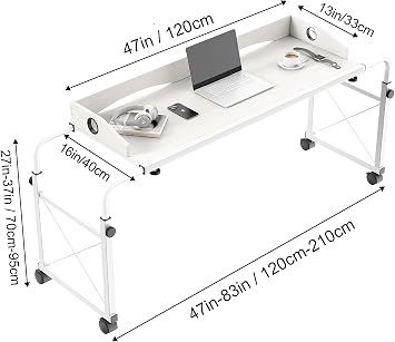 Overbed Table with Wheels, Overbed Desk with Adjustable Length and Height, Rolling Over Bed Desk, King Queen Over The Bed Table on Wheels