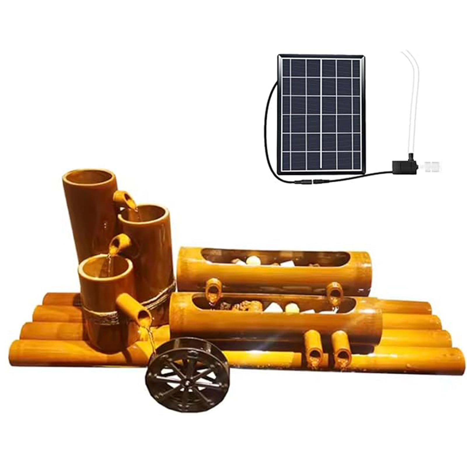 Kit Fontana Solare in bambù, Fontana Zen Artigianale con Pompa, Decorazione da Giardino Ecologica, Elemento paesaggistico, Decorazione per laghetto da Patio e Acquario per Giardino e casa
