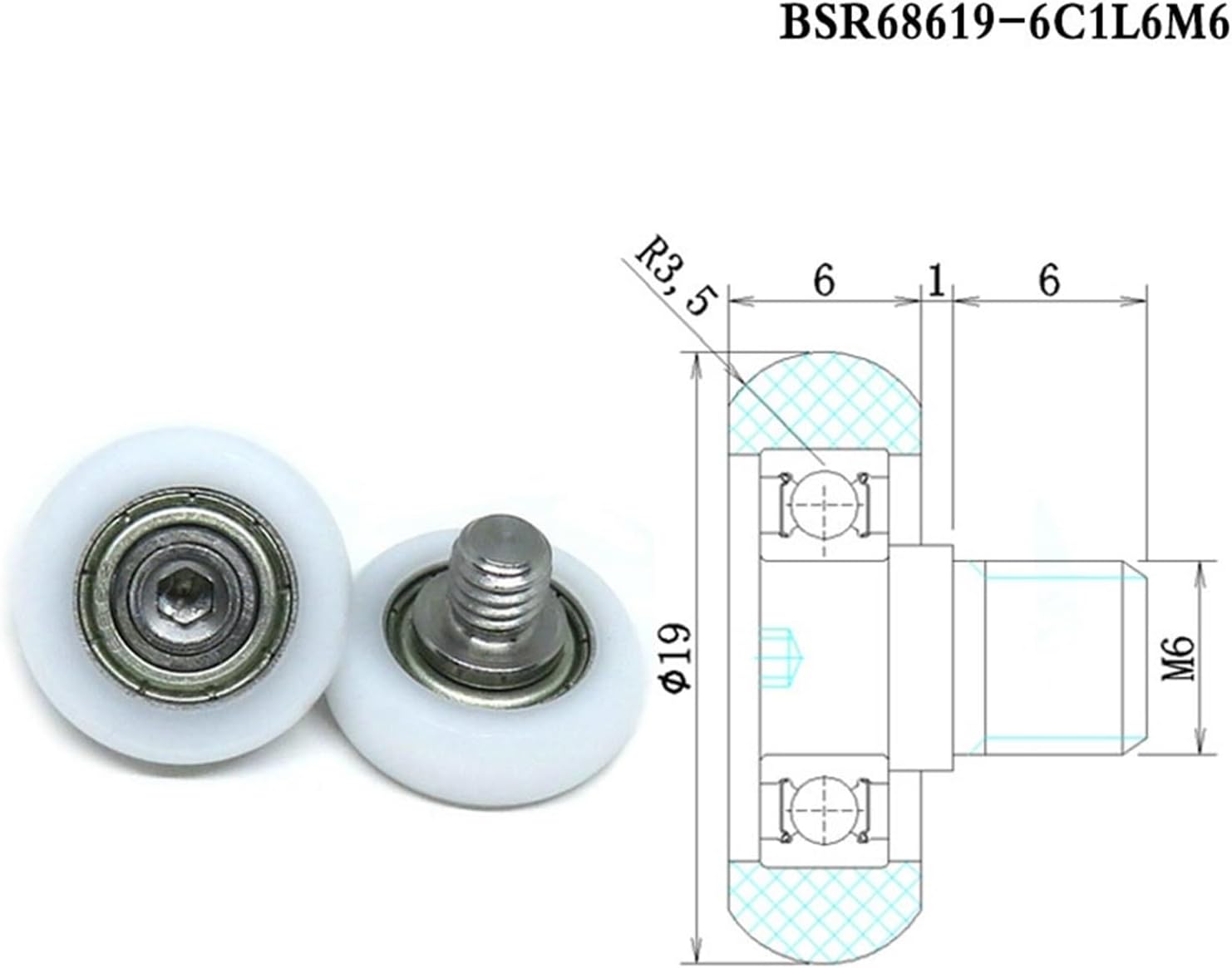10 PCS 19mm POM Bolt Rollers with M6 Screws BSR68619-6C1L6M6 19x6mm POM Cabinet Sliding Door Pulley