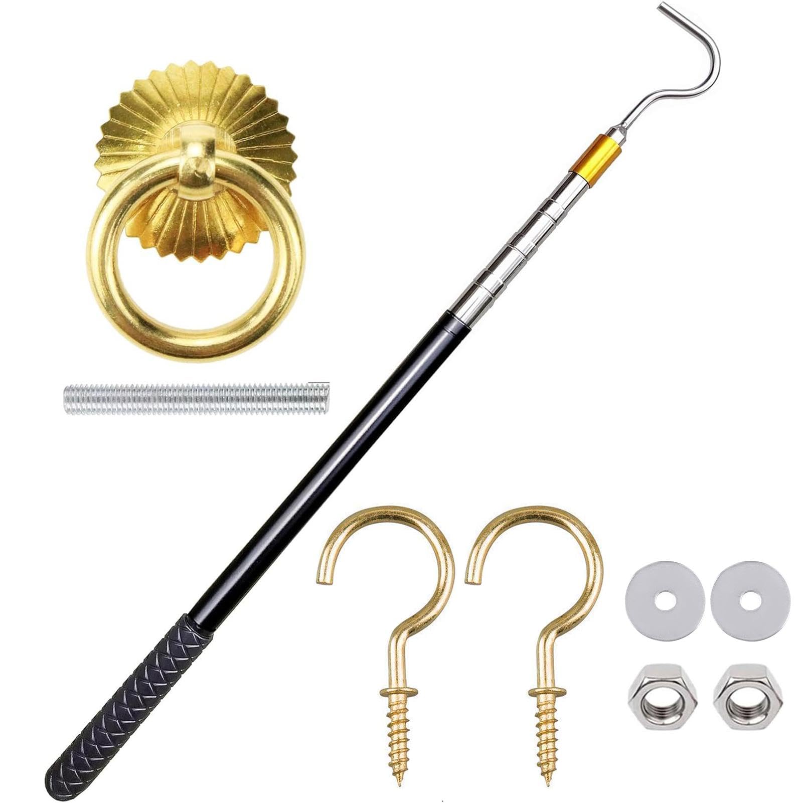 Ladder Hoist System Set, Ladder Traction System, Loft Pull Hook Set, Metal Control Rod for Floor Stairs, Loft Pull Down System, Handle Parts, Replacement for Cord Ropes for Home