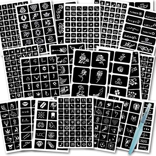 Koogel 524 PCS Semi Permanent Tattoo, 20 Sheets Henna Women Tattoo Stencil Temporary Tattoo Stickers for Face Paint Body Art