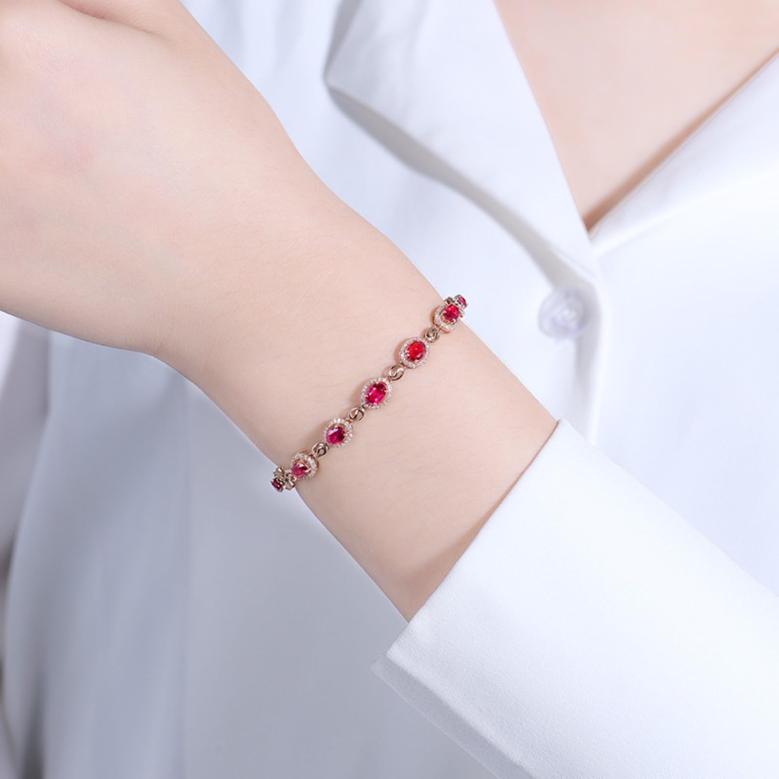 Bracciali Oro Rosa Donna 18k/14k/9k, Bracciale Donna Rubino Sintetico 2.1ct 16-18 cm Estensione 4 cm con Moissanite, Braccialetto da Sposa Fidanzati