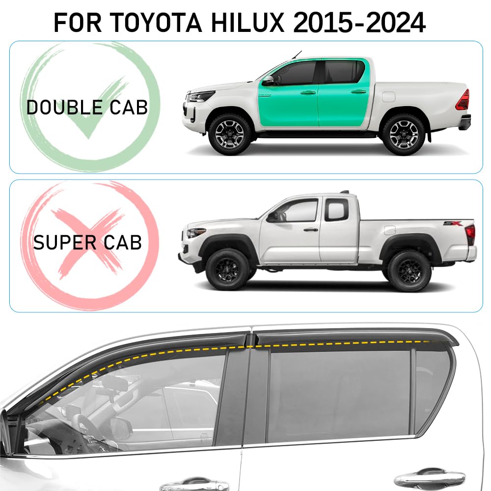 4 deflettori d'aria per Toyota Hilux Revo 2015-2024 Hilux Active, Sol, Executive, Invincible X, GR Sport pick-up cabina doppia 4X4 fumo nero