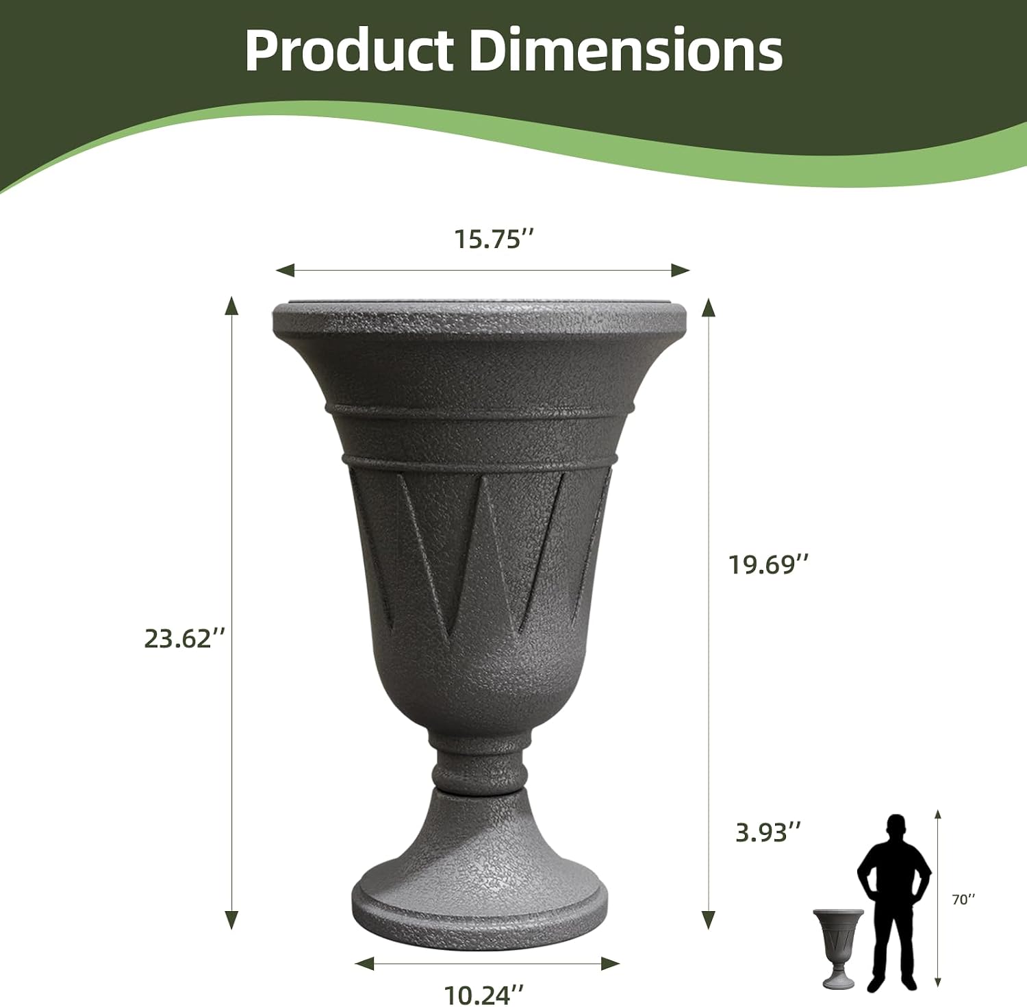 Tall Plastic Urn Planters for Outdoor Plants Set of 2-23.6" H Classic Trophy Design Indoor Large Flower Pots with Drainage Holes, Outdoor Planters for Porch Decor/Garden Vase, Grey