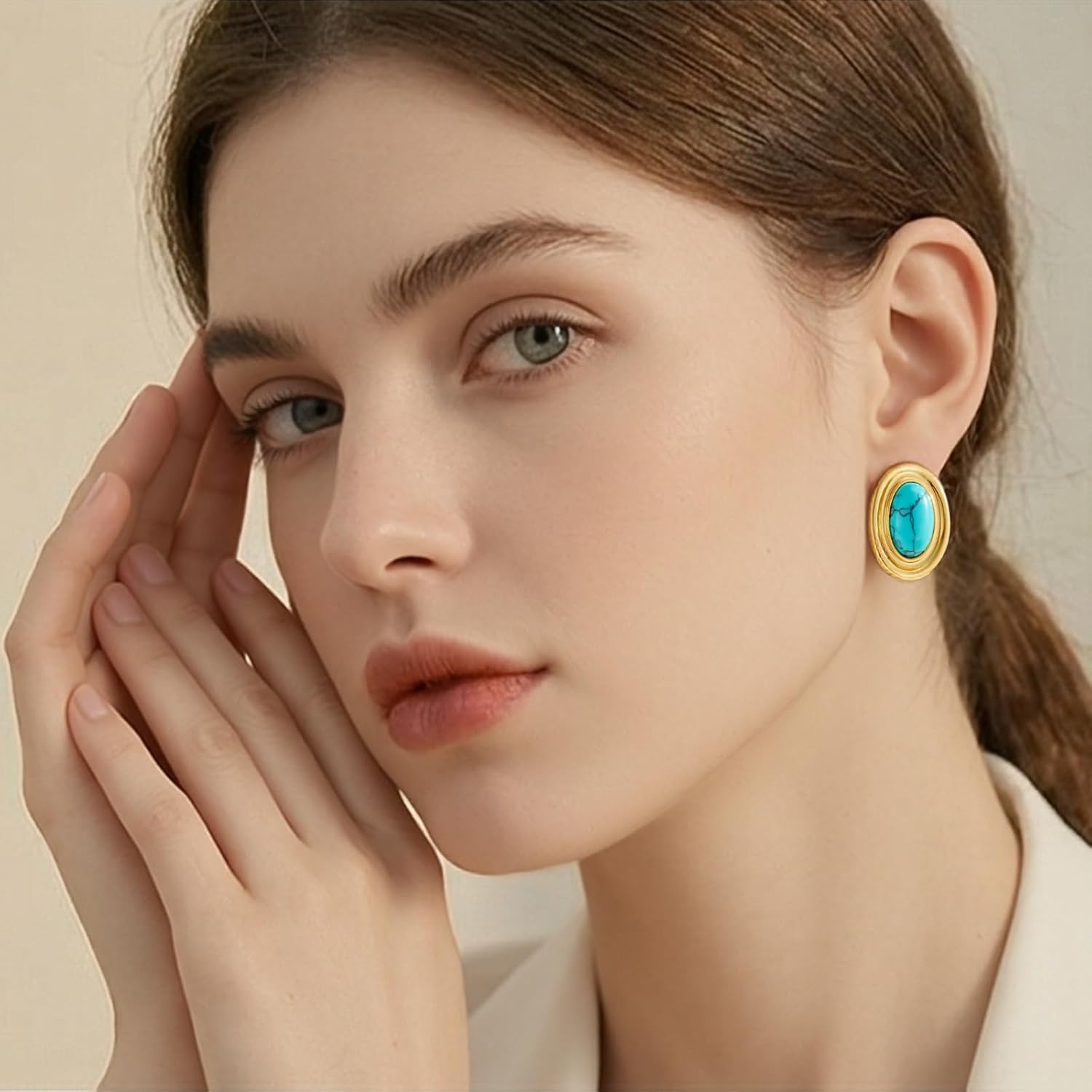 Chunky Gold Color Earrings Fashion Geometric 18K Gold Turquoise Lapis Lazuli Green Red Oval Earrings for Women - Image 3