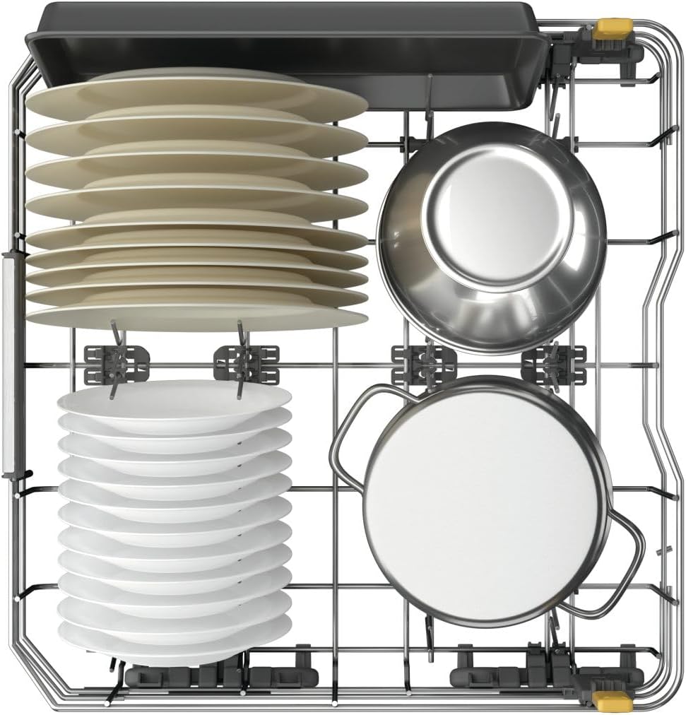 Top-down view of the lower rack loaded with plates and pots.