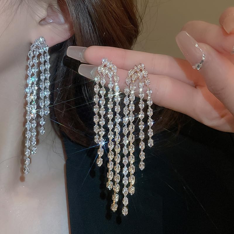 Rhinestone Earrings for Women, Slivery Handmade Crystal Earrings Threader Dangle Earrings Bridal Wedding Long Earring - Image 8