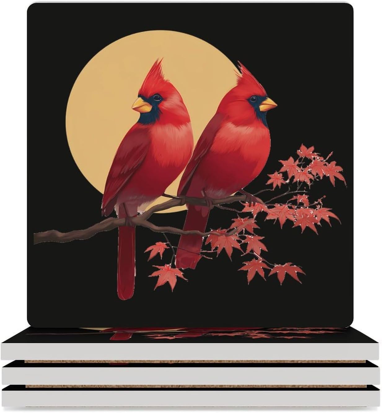 Cardinal Maple Leaves Coaster for Drinks Square Ceramic Table Coasters Stone Mat Crafts 6PCS Home Kitchen Decor