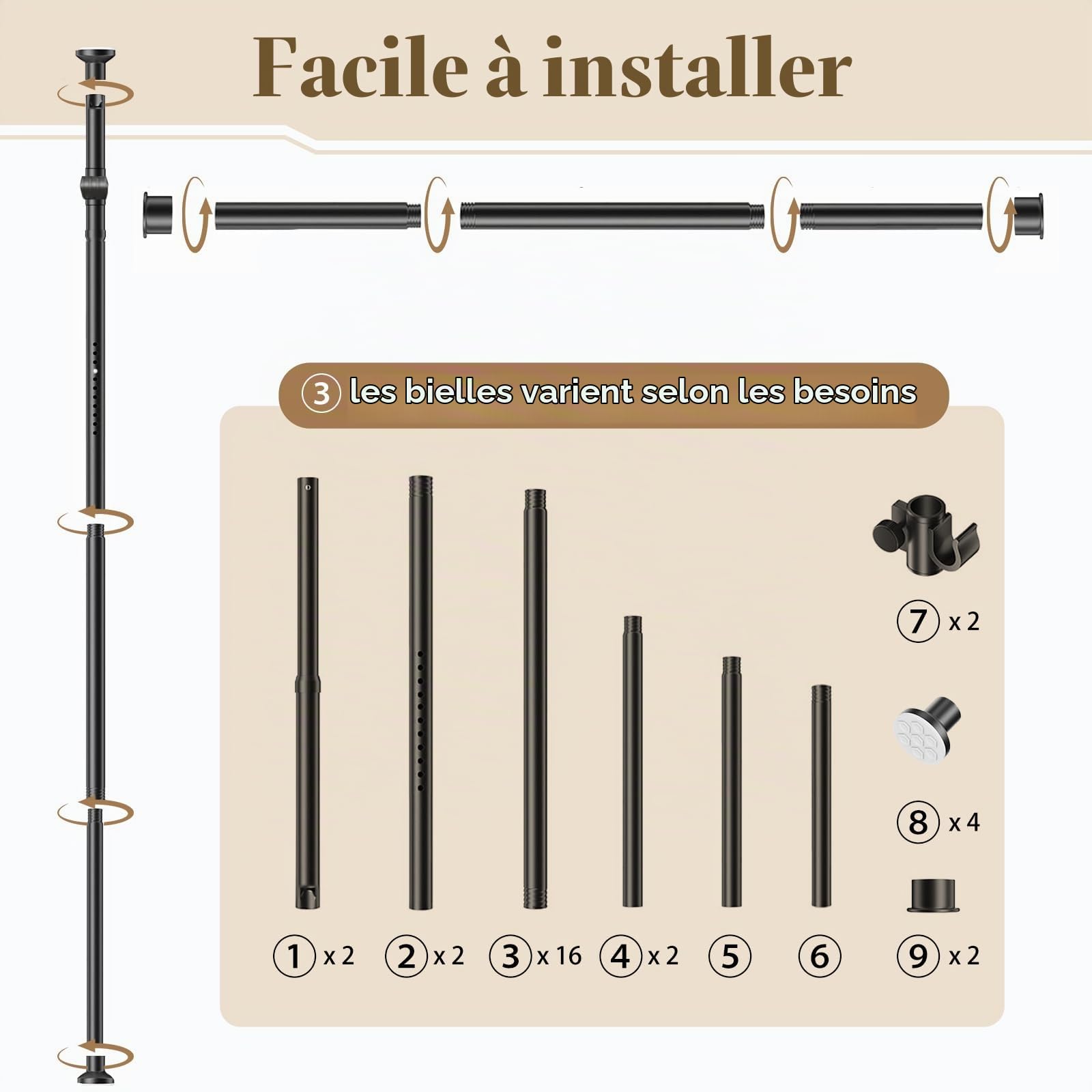 Todeco Tringle à Rideaux sans Percage Tringle de séparation de pièce Noir